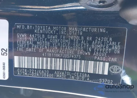 2018 Toyota Camry Se z USA, uszkodzony, nr VIN 4T1B11HK7JU574375